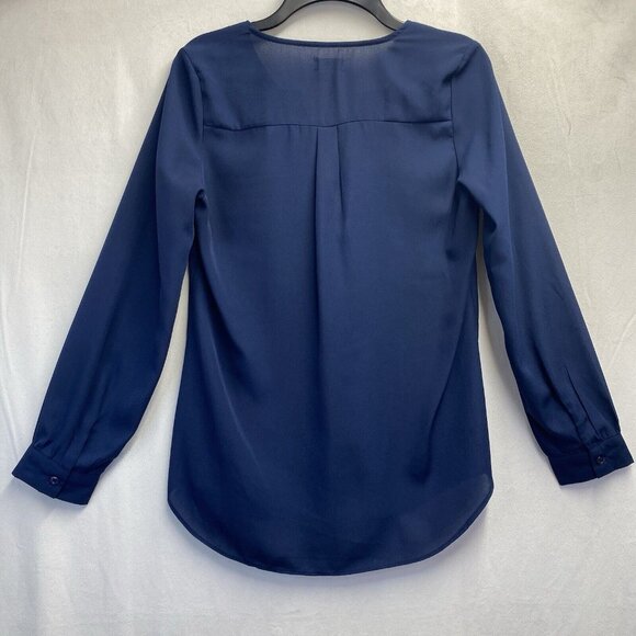 TOBI Semi Sheer Slit Crew Neck Long Sleeve Blouse Women Small Navy Hi-Lo Hem - Picture 5 of 16